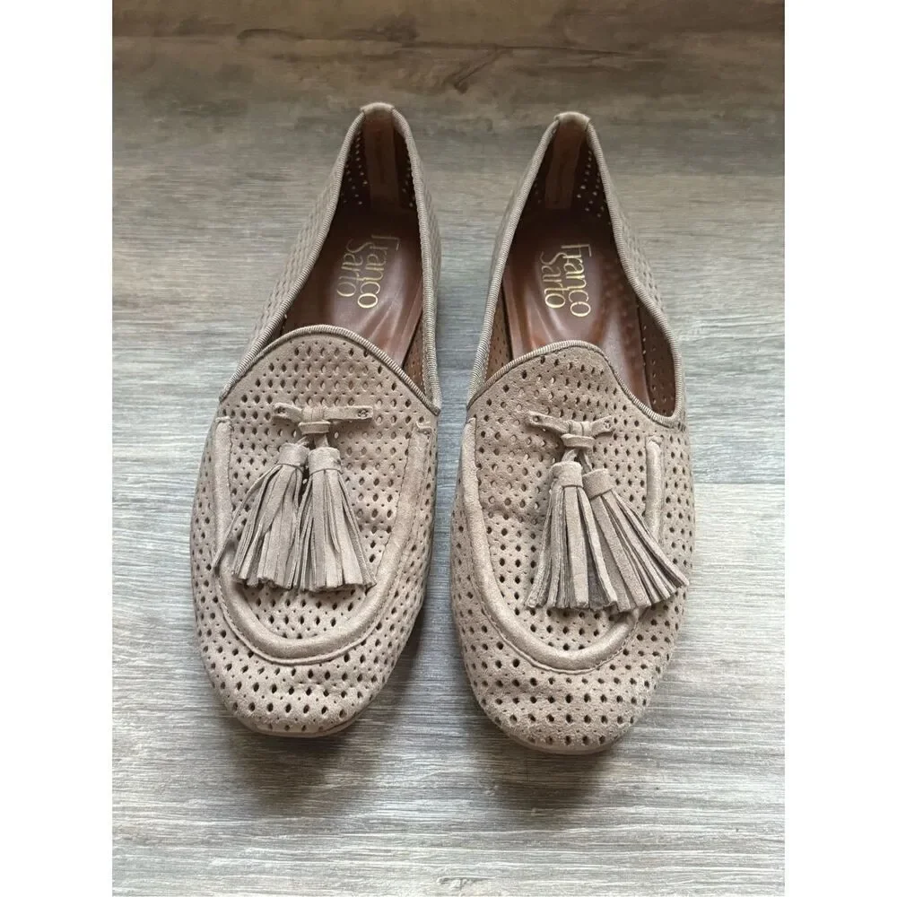 Franco Sarto Perforates Suede Tassel Loafers Tan 7